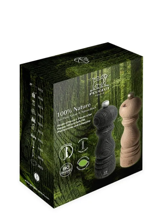 Peugeot Saveurs 100% nature Duo de moulins à poivre et à sel manuels en bois revalorisé nature et nature black, 18 cm -> Idées Cadeaux -100€|Coffrets Cadeaux