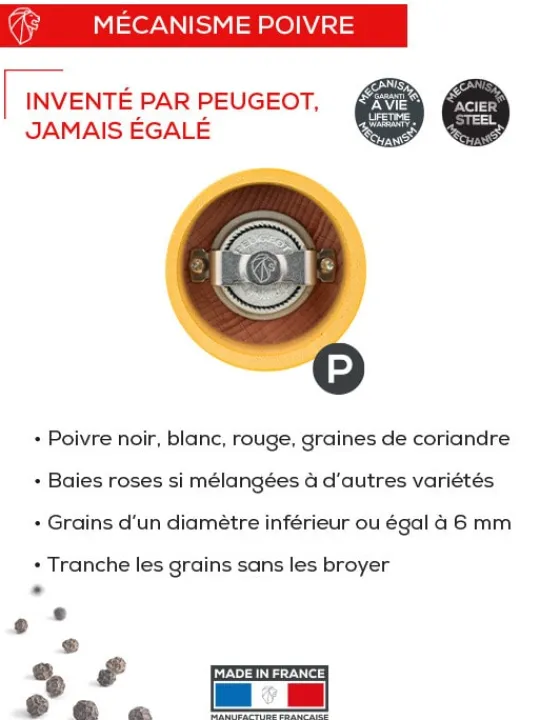 Peugeot Saveurs Bistro Moulin à poivre manuel en bois laqué, safran, 10 cm - 4in. -> Envie De Couleurs|Moulins À Poivre