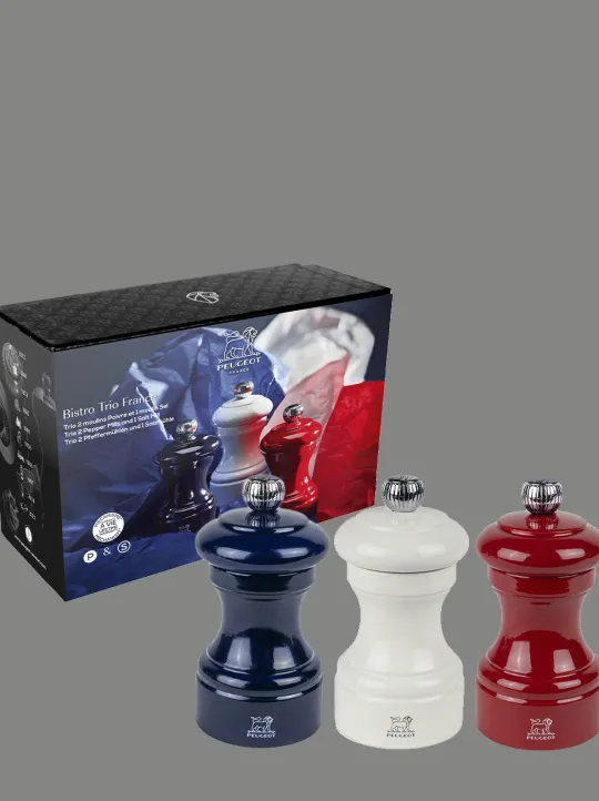 Peugeot Saveurs Bistro trio france Trio 2 moulins poivre et 1 moulin sel, manuels en bois, bleu, blanc et rouge, 10 cm -> Coffrets Cadeaux|Duos Et Combi 2 En 1