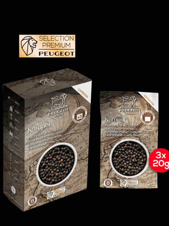 Peugeot Saveurs Kampot Poivre noir du cambodge, 60g - 3 sachets fraicheur de 20g -> Idées Cadeaux -50€|Envie De Saveurs