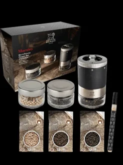 Peugeot Saveurs Maestro Bar à poivres - moulin à poivre u'select accompagné de 3 grands crus de poivres, de 3 réservoirs interchangeables. -> Idées Cadeaux -100€|Coffrets Cadeaux