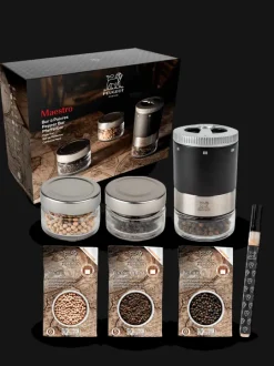 Peugeot Saveurs Maestro Bar à poivres - moulin à poivre u'select accompagné de 3 grands crus de poivres, de 3 réservoirs interchangeables, noir -> Idées Cadeaux -100€|Coffrets Cadeaux