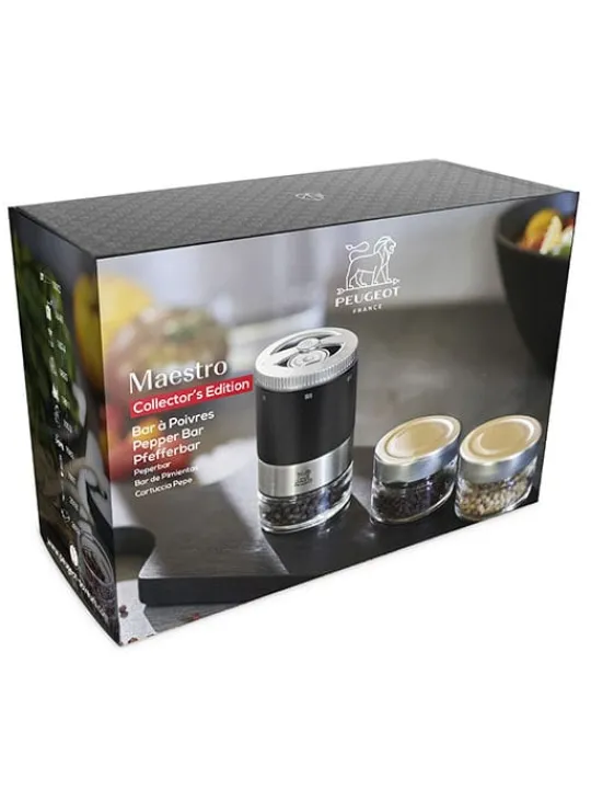Peugeot Saveurs Maestro Bar à poivres - moulin à poivre u'select accompagné de 3 grands crus de poivres, de 3 réservoirs interchangeables, noir mat -> Coffrets Cadeaux|Envie De Design
