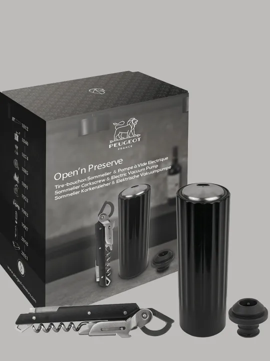Peugeot Saveurs Open ‘n preserve Coffret cadeau - tire-bouchon sommelier clavelin et pompe de conservation électrique abs -> Idées Cadeaux -100€|Coffrets Cadeaux