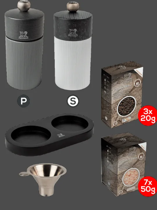 Peugeot Saveurs Pack line carbone & graphite 12cm Duo de moulins à poivre et à sel 12 cm avec entonnoir inox -> Envie De Design|Duos Et Combi 2 En 1