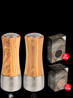Peugeot Saveurs Pack madras bois d'olivier u'select 16 cm Duo de moulins à poivre et à sel u'select 16 cm et ses épices -> Duos Et Combi 2 En 1|Moulins À Sel Et Salières