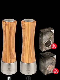 Peugeot Saveurs Pack madras bois d'olivier u'select 21 cm Duo de moulins à poivre et à sel u'select 21 cm et ses épices -> Duos Et Combi 2 En 1|Moulins À Sel Et Salières