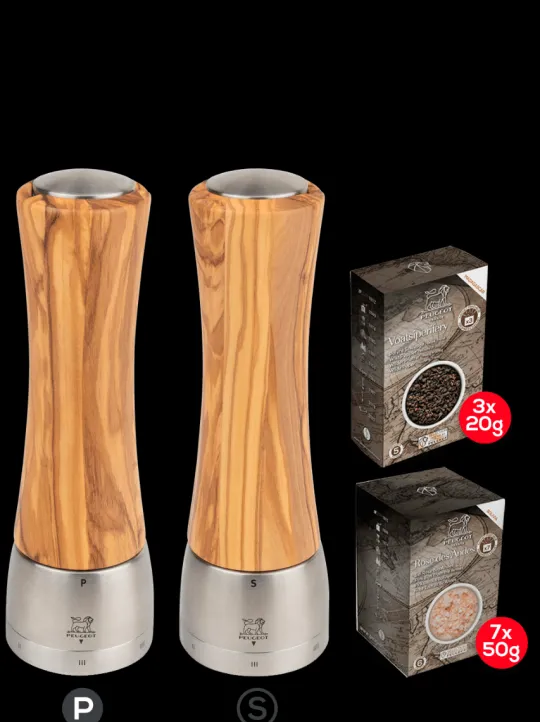 Peugeot Saveurs Pack madras bois d'olivier u'select 21 cm Duo de moulins à poivre et à sel u'select 21 cm et ses épices -> Duos Et Combi 2 En 1|Moulins À Sel Et Salières