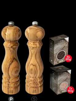 Peugeot Saveurs Pack paris bois d'olivier 22 cm Duo de moulins à poivre et à sel 22 cm et ses épices -> Duos Et Combi 2 En 1|Moulins À Sel Et Salières