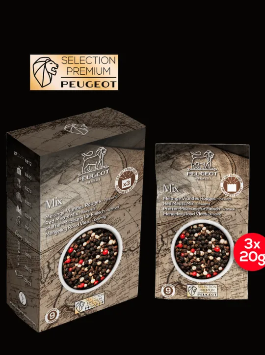 Peugeot Saveurs Pack poivres premium Sélection exclusive de 4 poivres et mélanges premium - 4 boites de 60g -> Epices Du Monde