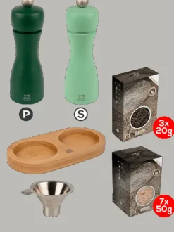 Peugeot Saveurs Pack tahiti eau avec plateau Duo de moulins à poivre et à sel en bois 15 cm et ses épices et son plateau linéa en bambou -> Envie De Couleurs|Duos Et Combi 2 En 1